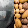 Foggy car window and side mirror/Raw potatoes on a wooden table